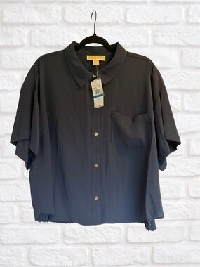 Michael Kors Navy Short-Sleeve Button-Down Shirt with Gold Buttons